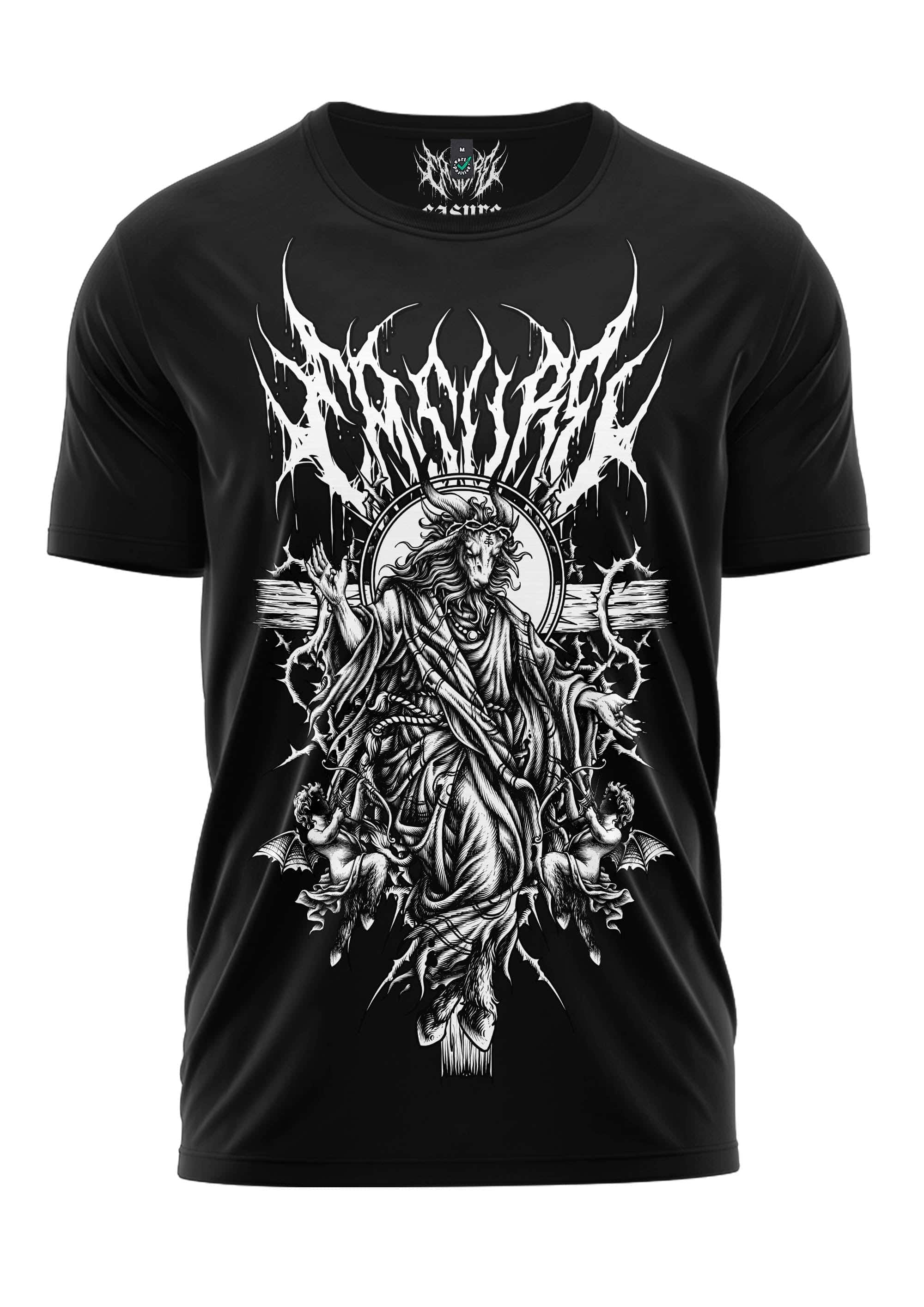 Schwarzes kurzemarm t-shirt almighty mit weißem grafikdruck eines allmächtigen dämon mit flügeln und zwei engeln